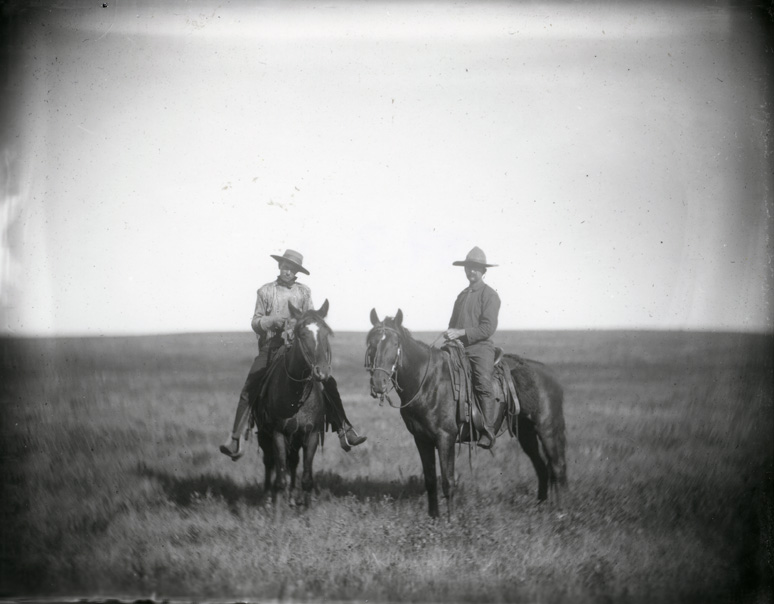Two cowboys on dark horses on the grassland