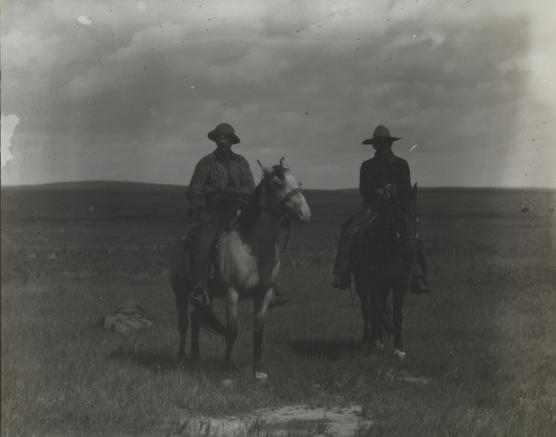 Two cowboys on horses on grassland