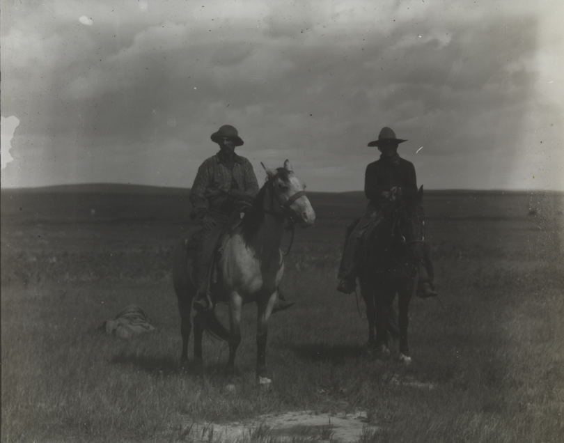 Two cowboys on horses on grassland