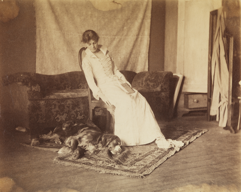 Woman in laced-bodice dress, sitting with setter at her feet 