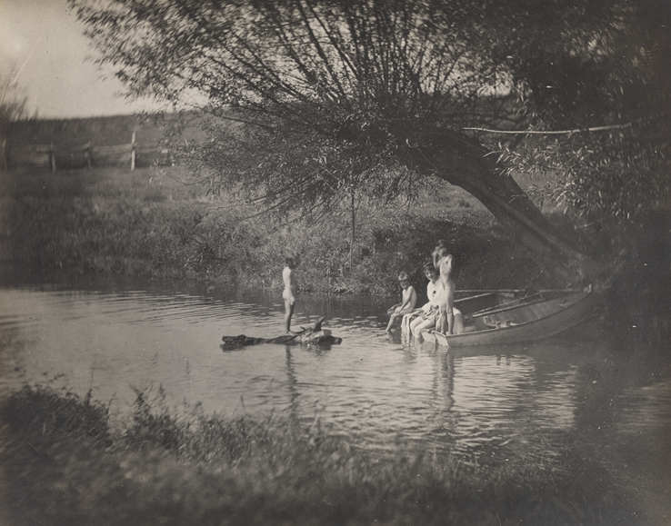Susan Macdowell and Crowell children in rowboat at Avondale, Pennsylvania
