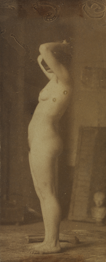 Naked series: female with dark mask, small classical bust in background