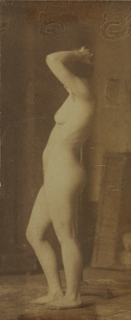 Naked series: female with dark mask, small classical bust in background