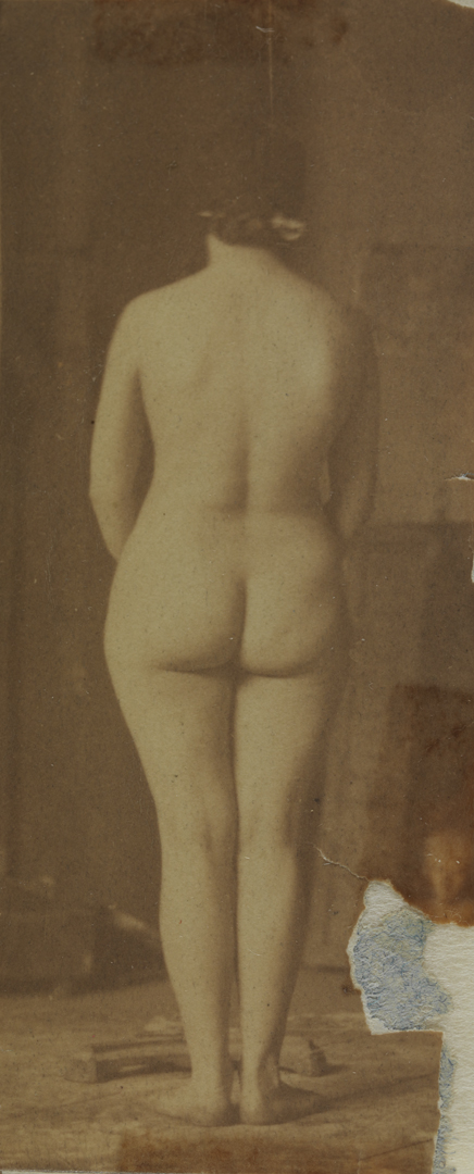Naked series: female with dark mask, small classical bust in background