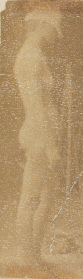 Female nude with mask, facing right, left leg bent