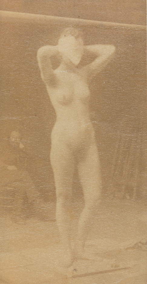 Female nude with mask, hands behind head, left leg bent