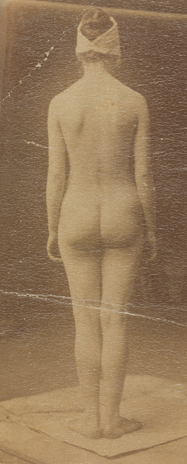 Female nude with mask, from rear