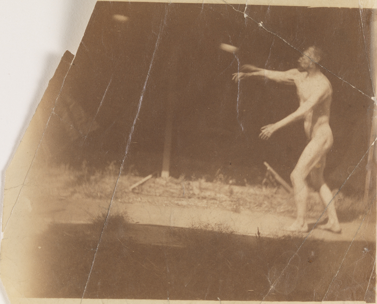 Motion study: male nude, throwing ball to left