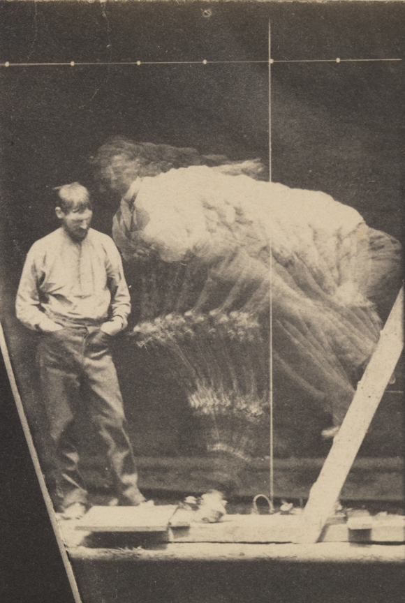 Differential-action study: man on ladder, moving horse's stripped leg, while second man at left looks on