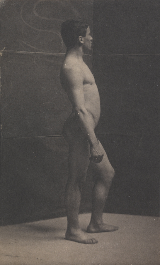 Tom Eagan nude, facing right, in front of folding screen