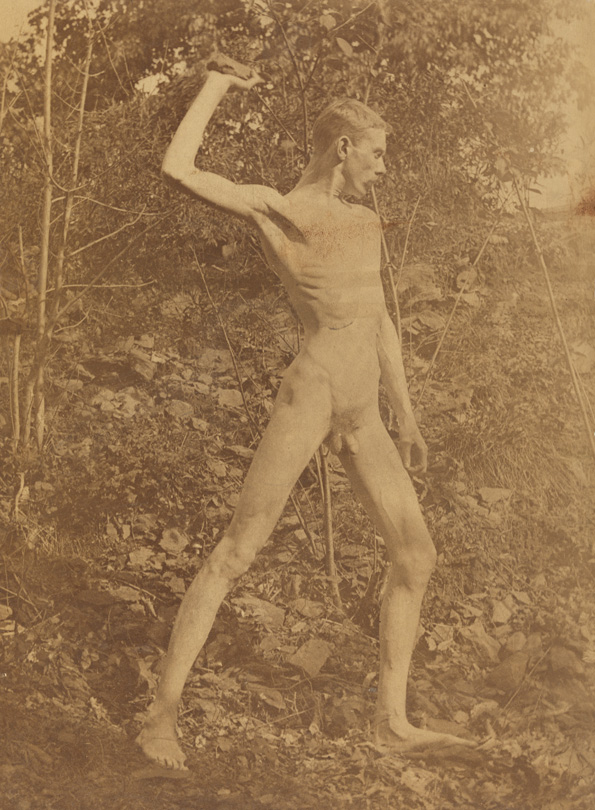 Male nude, poised to throw rock, facing right, in wooded landscape