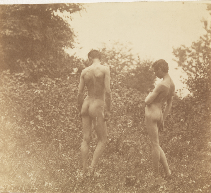 Male nude, from rear, and J. Laurie Wallace nude, facing left, in wooded lanscape