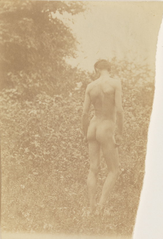 Male nude, from rear, and J. Laurie Wallace nude, facing left, in wooded landscape