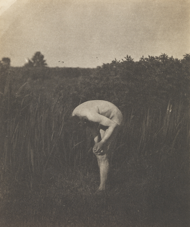 Thomas Eakins nude, bending forwar, hands poised above left knee, in tall grass