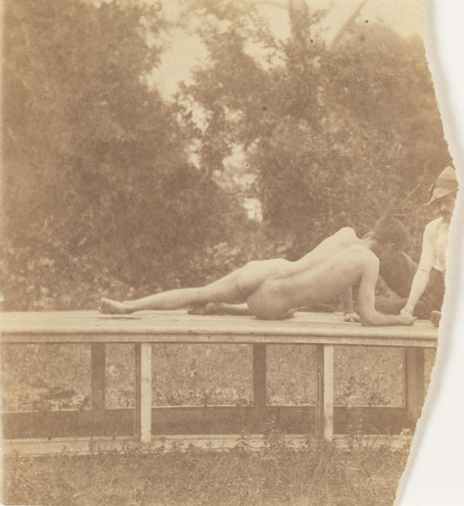 Male nude and male clothed on platform on wooded landscape (fragment)