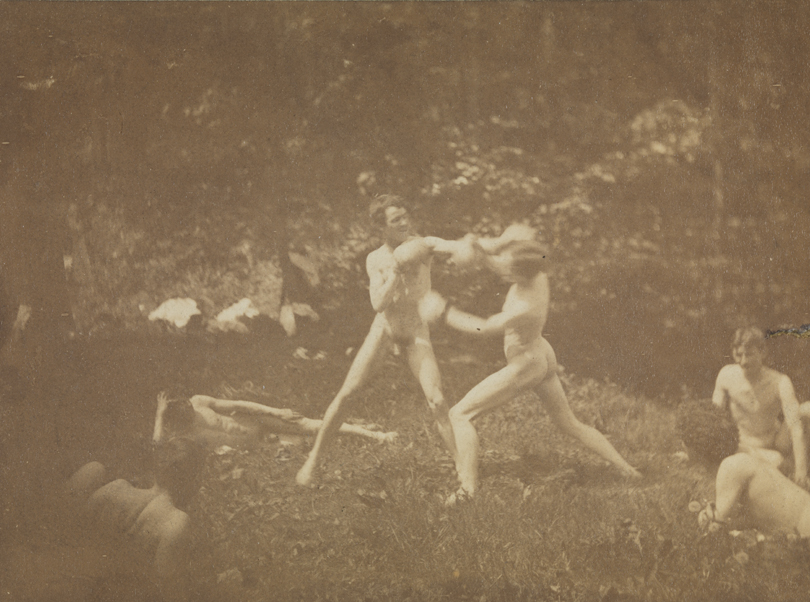Six males, nude, two boxing at center