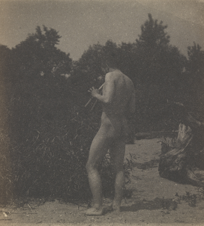 Thomas Eakins nude, playing pipes, facing left