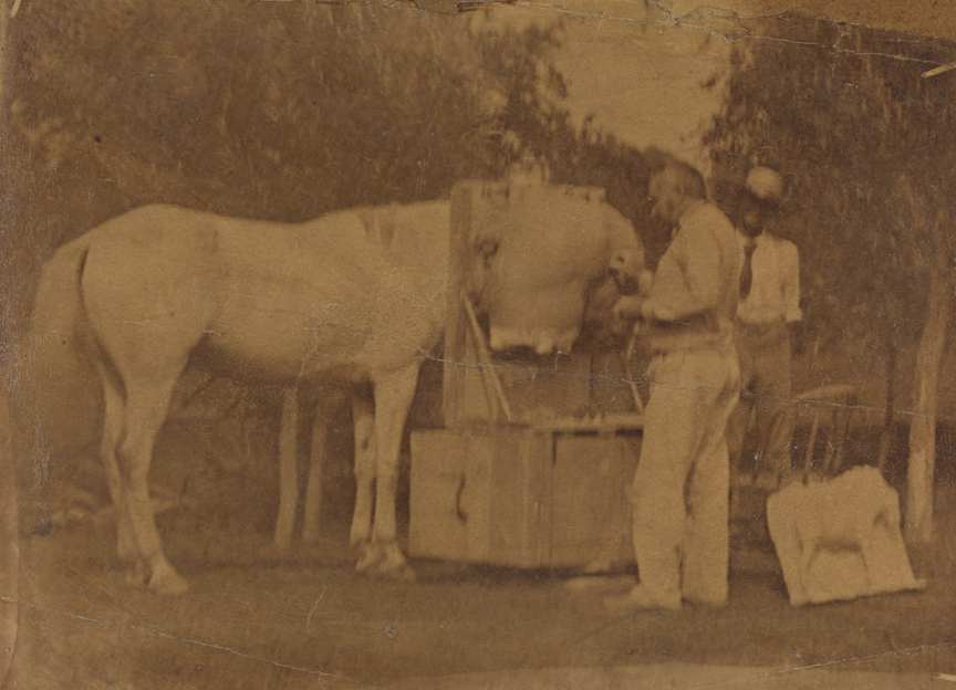Thomas Eakins at right, modeling the horse Billy at Avondale, Pennsylvania