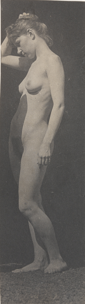 Female nude, facing left, right arm raised, in University of Pennsylvania photography shed