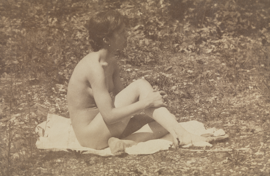 Susan Macdowell Eakins nude, sitting, facing right, hands clasping right leg