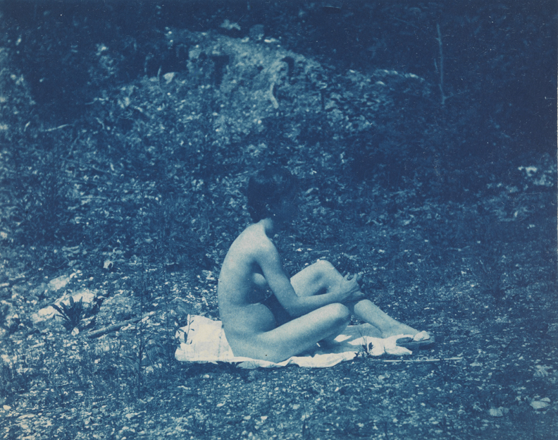 Susan Macdowell Eakins nude, sitting, facing right, hands clasping left leg               