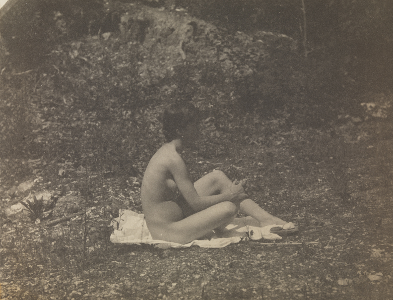 Susan Macdowell Eakins nude, sitting, facing right, hands clasping left leg               