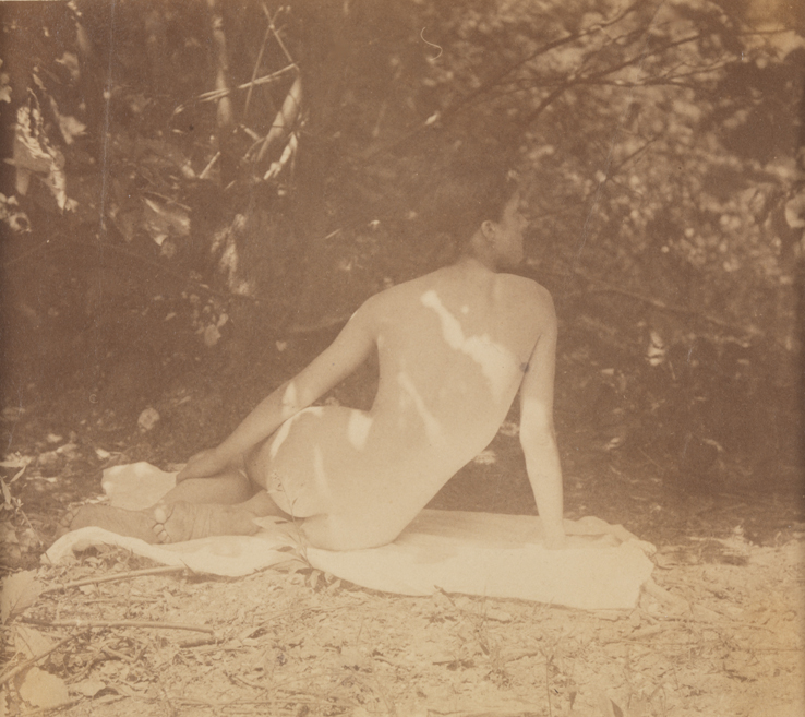 Susan Macdowell Eakins, nude, sitting on blanket, looking over right shoulder