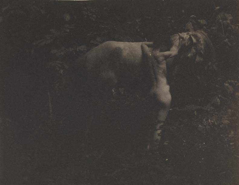 Susan Macdowell Eakins nude, from rear, leaning against Thomas Eakins's horse Billy  