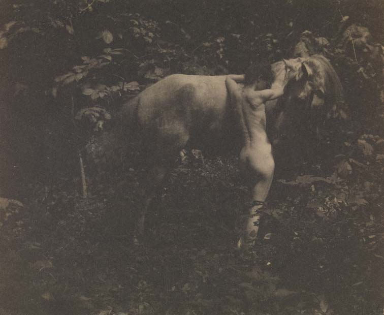 Susan Macdowell Eakins nude, from rear, leaning against Thomas Eakins's horse Billy  