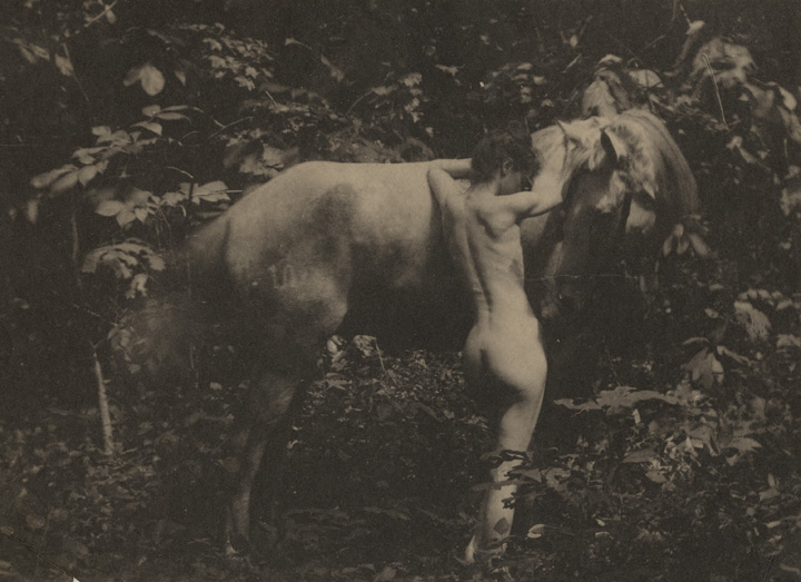 Susan Macdowell Eakins nude, from rear, leaning against Thomas Eakins's horse Billy  