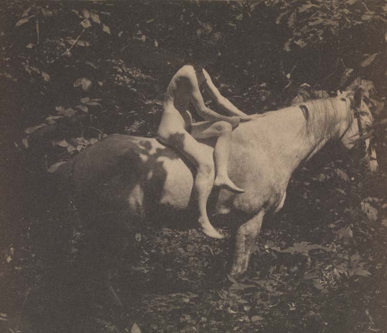 Susan Macdowell Eakins nude, sitting sidesaddle on Thomas Eakins's horse Billy