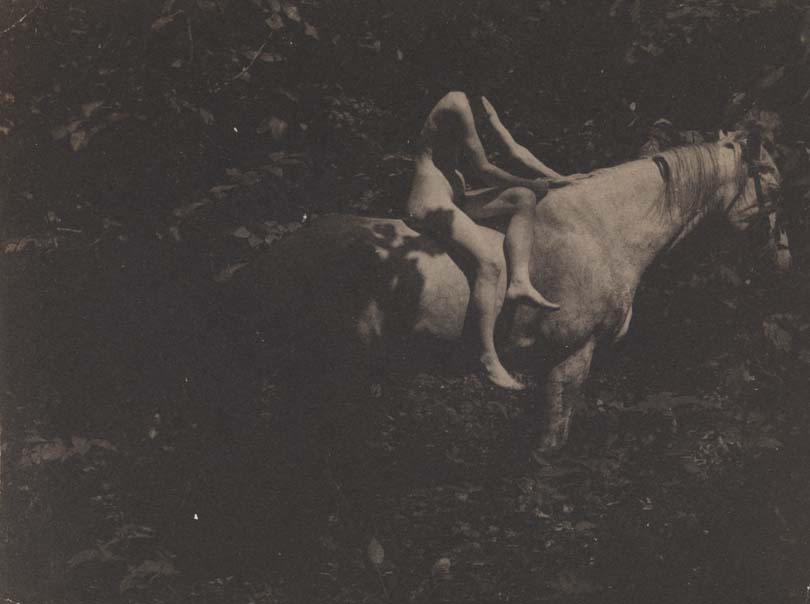 Susan Macdowell Eakins nude, sitting sidesaddle on Thomas Eakins's horse Billy