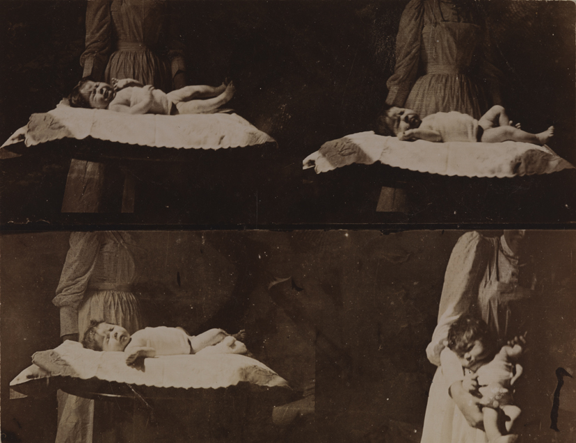 Baby on table in front of woman (3 shots) and baby being held by woman (1 shot)