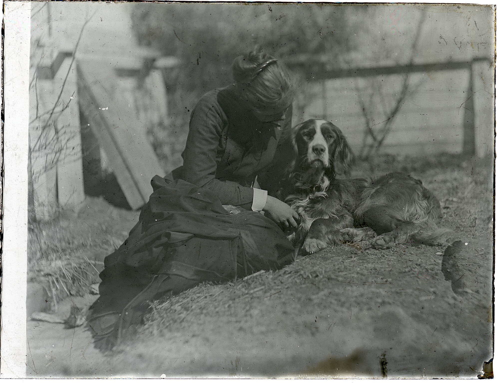 Margaret Eakins sitting on ground with Thomas Eakins's setter Harry
