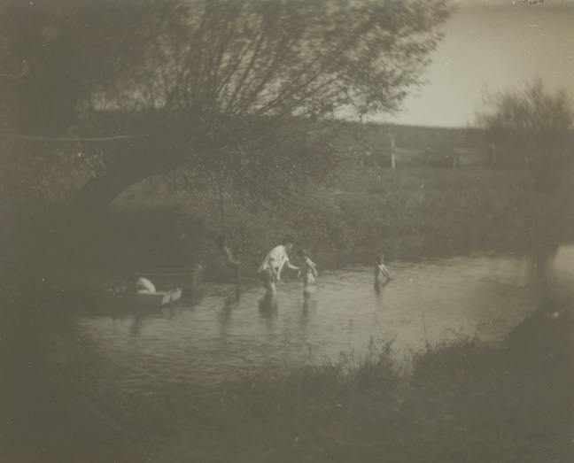 Susan Macdowell with Crowell children in creek at Avondale, Pennsylvania