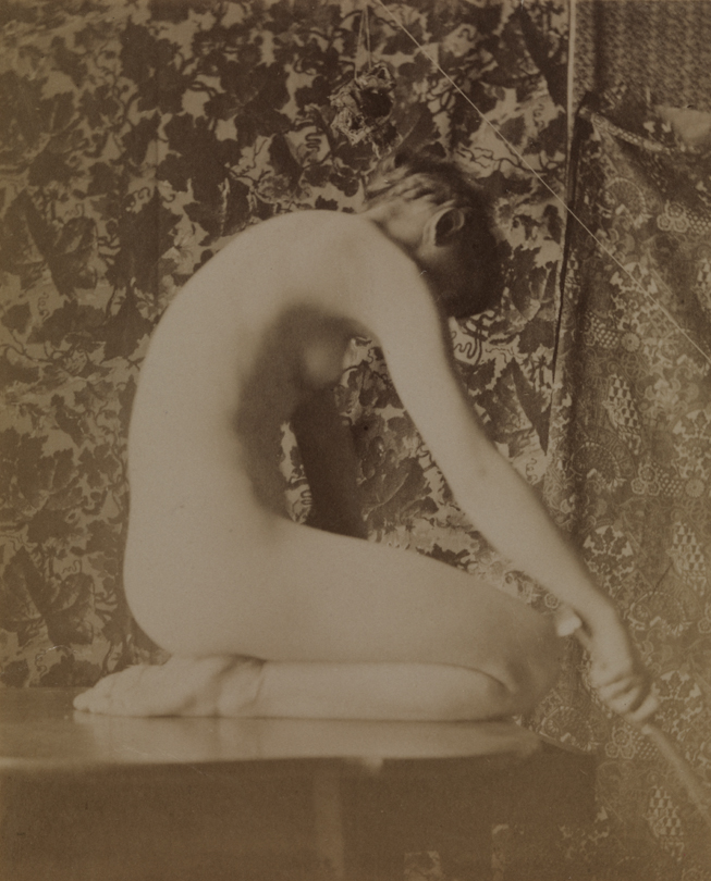 Female nude kneeling on table