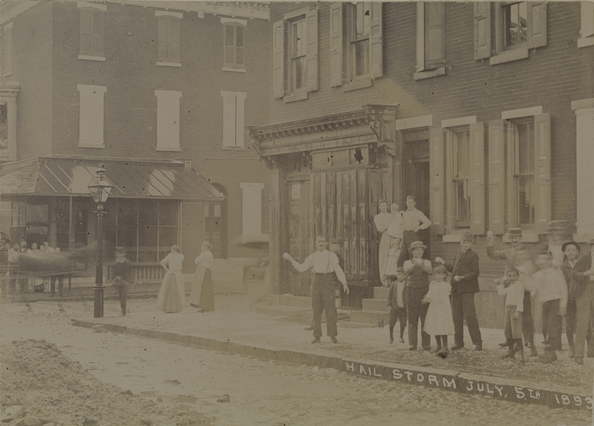 Hail Storm July 5th, 1893, (group on city block with hail stones)