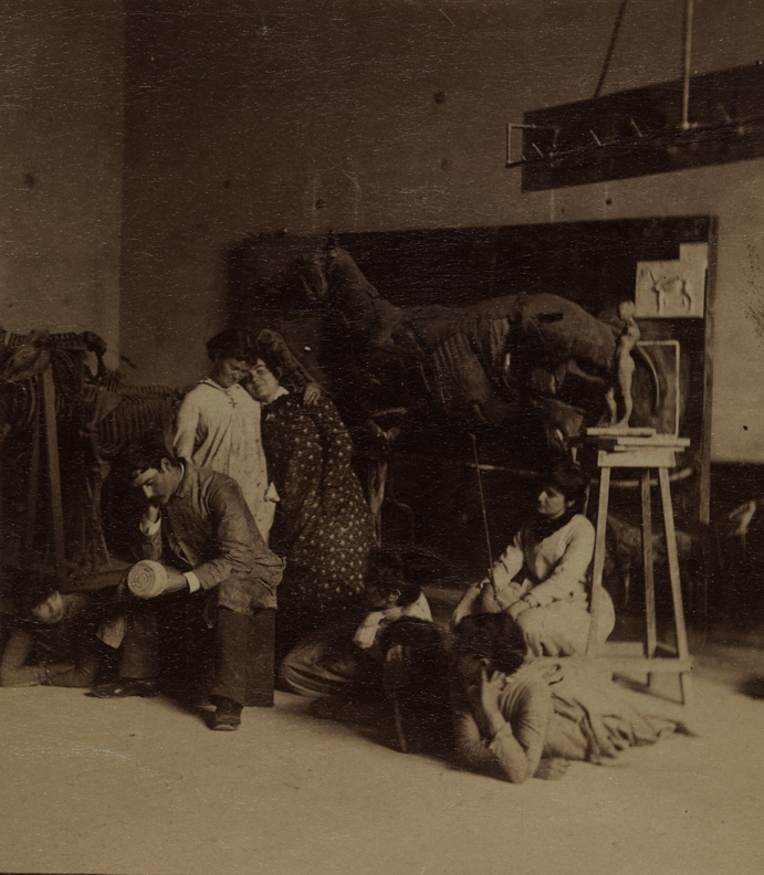 Seven students in Pennsylvania Academy studio with écorché relief of horse (fragment)