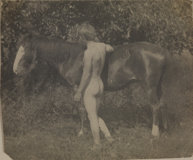 Franklin Schenck nude, in front of Thomas Eakins's horse Baldy