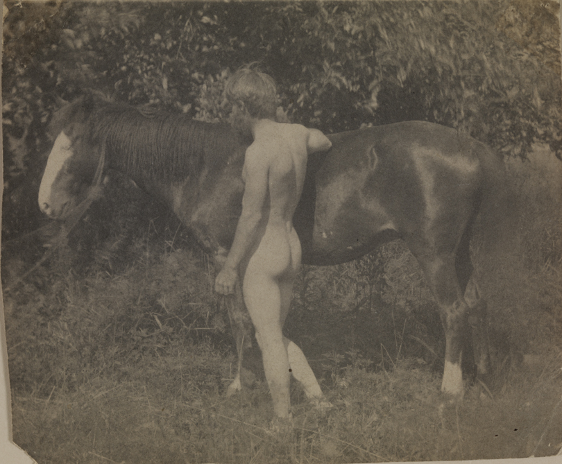 Franklin Schenck nude, in front of Thomas Eakins's horse Baldy