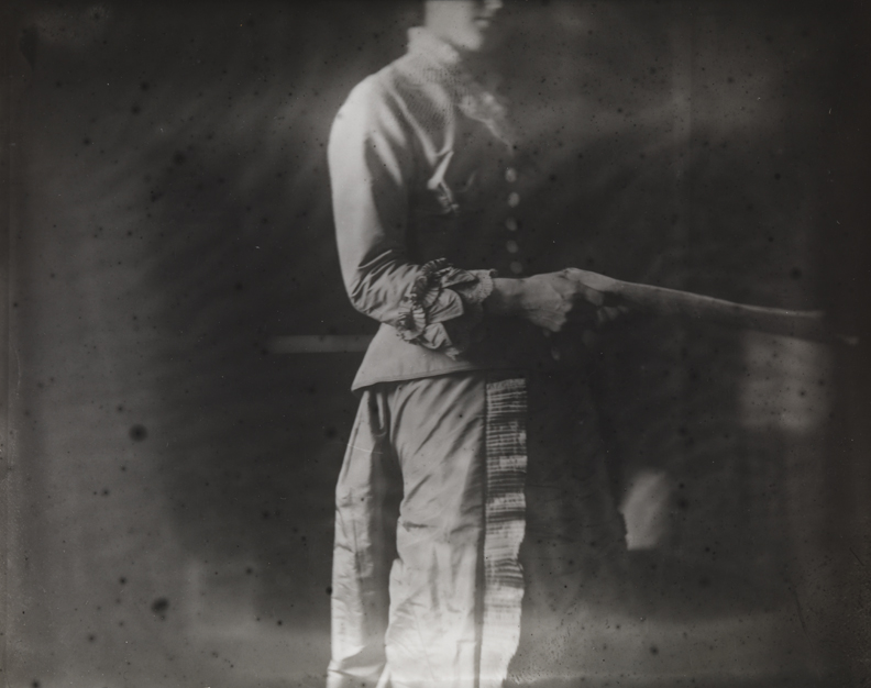 Margaret Harrison posing for "The Pathetic Song," detail of dress