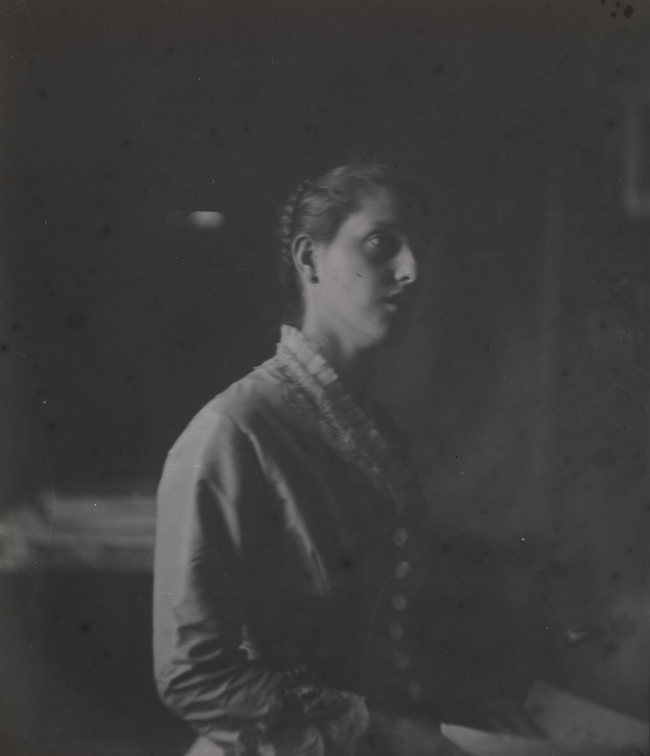 Margaret Harrison posing for "Singing a Pathetic Song," half-length view