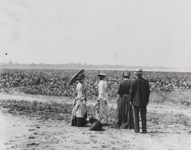 Three women, man, and dog near Delaware River