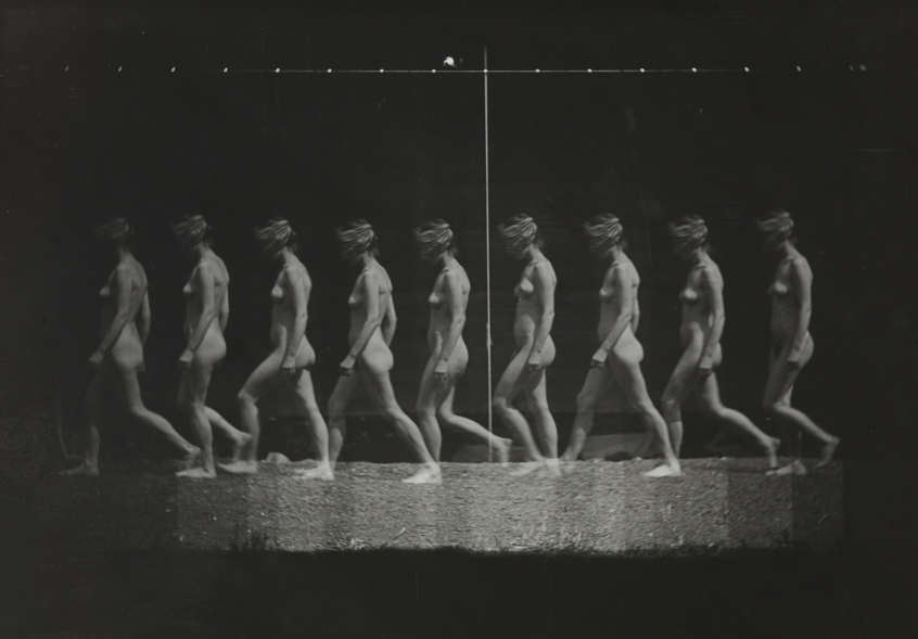 Motion study: female nude, blindfolded, walking to left