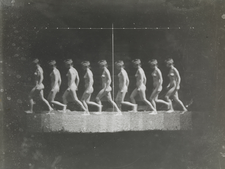 Motion study: female nude, blindfolded, walking to left