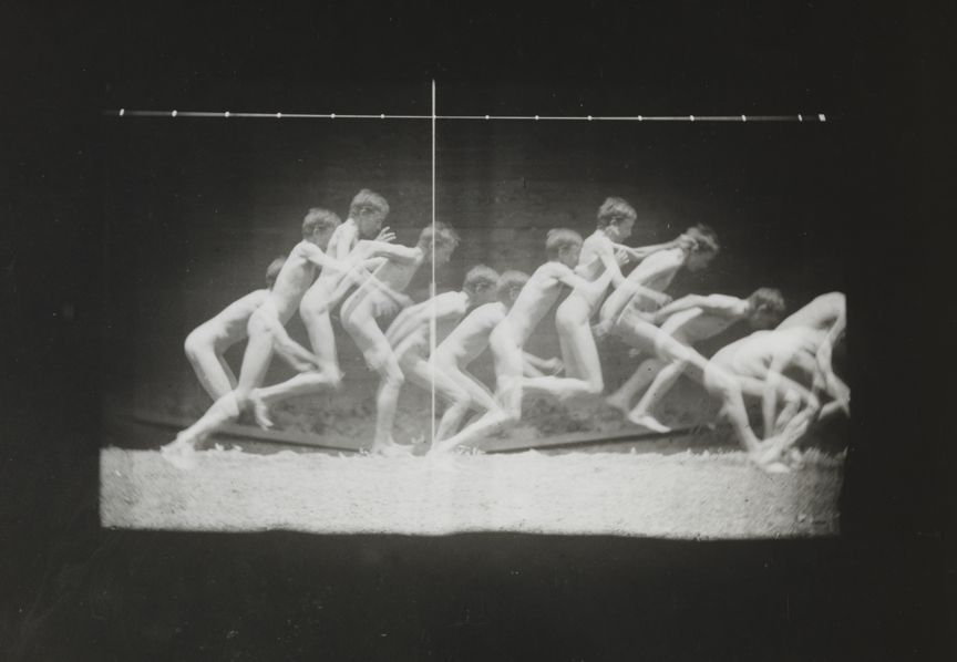 Motion study: male nude, double standing jump to right