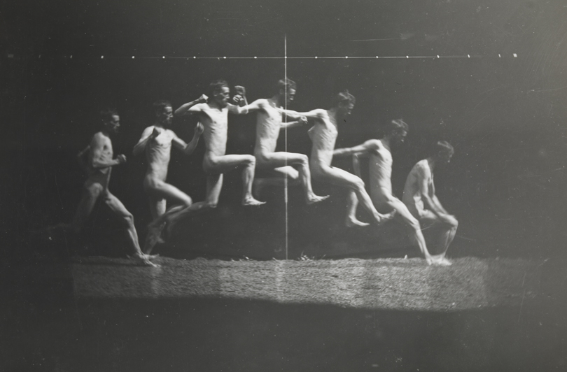 Motion study: George Reynolds nude, running jump to right      