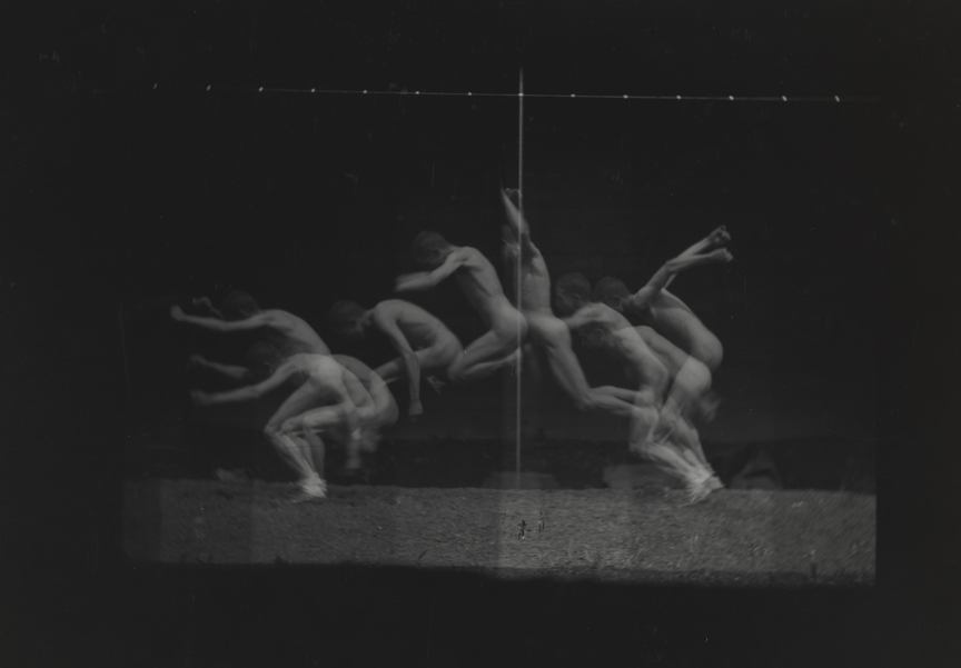 Motion study: male nude, standing jump to left