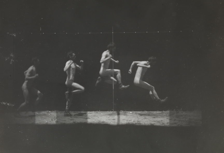 Motion study: male nude, running jump to right