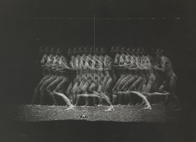 Motion study: male nude, metallic markers attached to his body, running to left